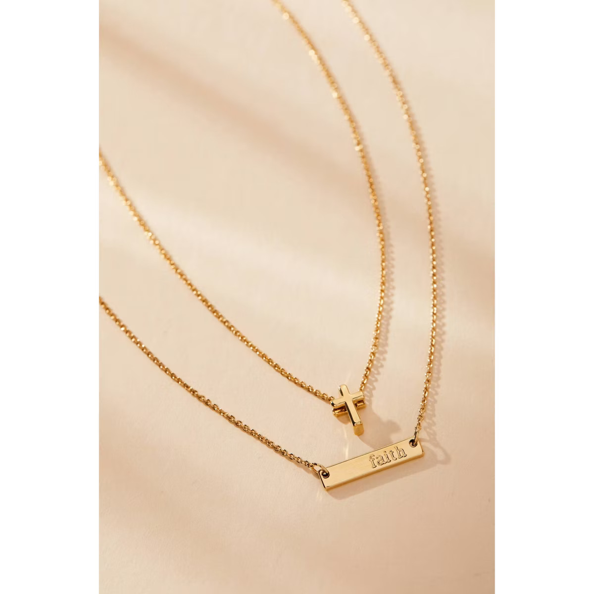 Tiny Tags 14K Gold Ion Plated Faith Bar and Cross Chain Necklace Set 2pc - Gold | Target