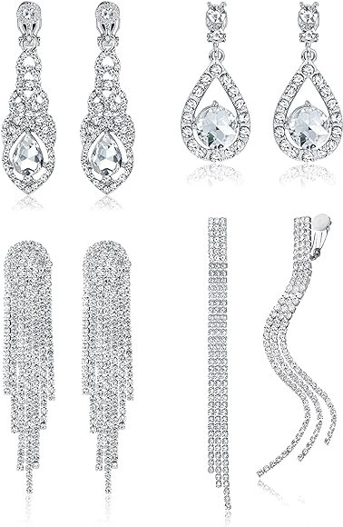THUNARAZ 4 Pairs Silver Clip on Earrings for Women, Sparkly Rhinestone Tassel Chandelier Teardrop... | Amazon (US)