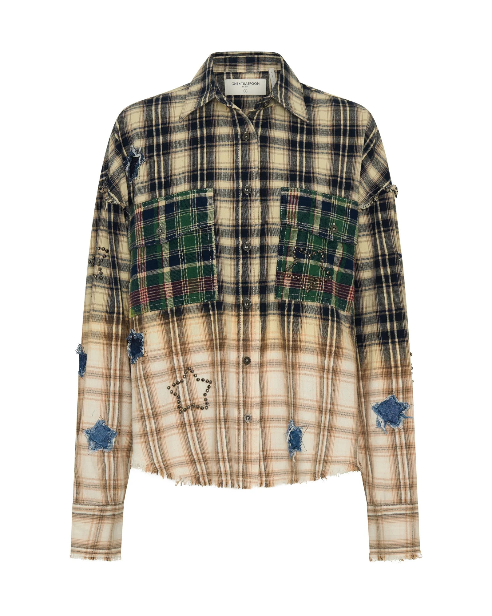 Flannel Star Studded Shirt - Cream Blue Check | One Teaspoon | OneTeaspoon