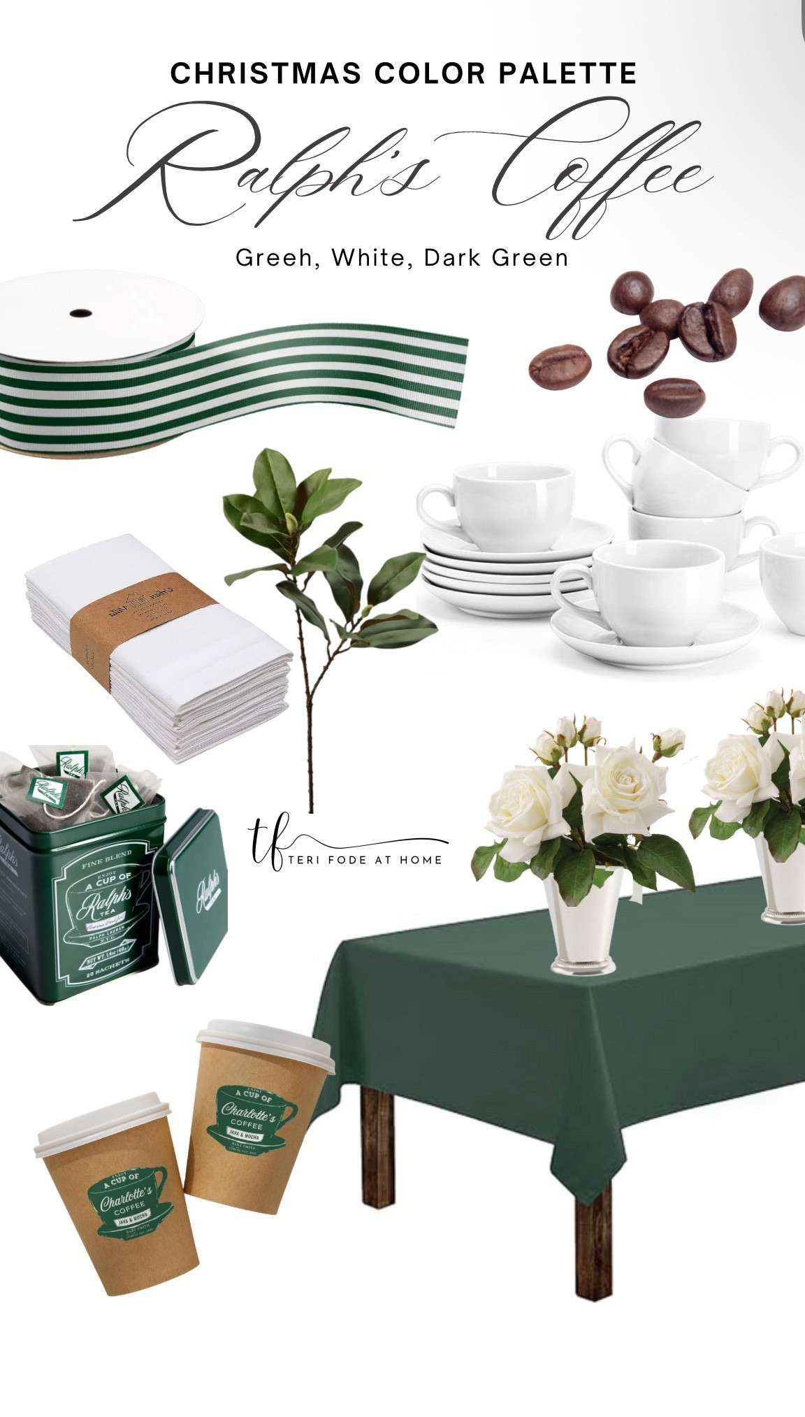 A Ralph Lauren Christmas table with a nod to Ralph’s Coffee in NYC! Create a holiday table for brunch themed around a coffee bar and table that matches both the holiday and the famous cafe. Hunter green table cloth, green and white striped ribbon, Ralph’s Coffee stickers, white coffee cups and saucers, mint julep cups, white roses, white linen napkins, coffee cups to go.

#LTKSeasonal #LTKHoliday #LTKHome