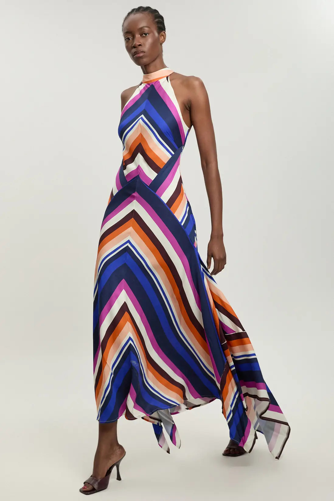 Stripe Cotton Mix Woven Maxi Halter Dress | Karen Millen