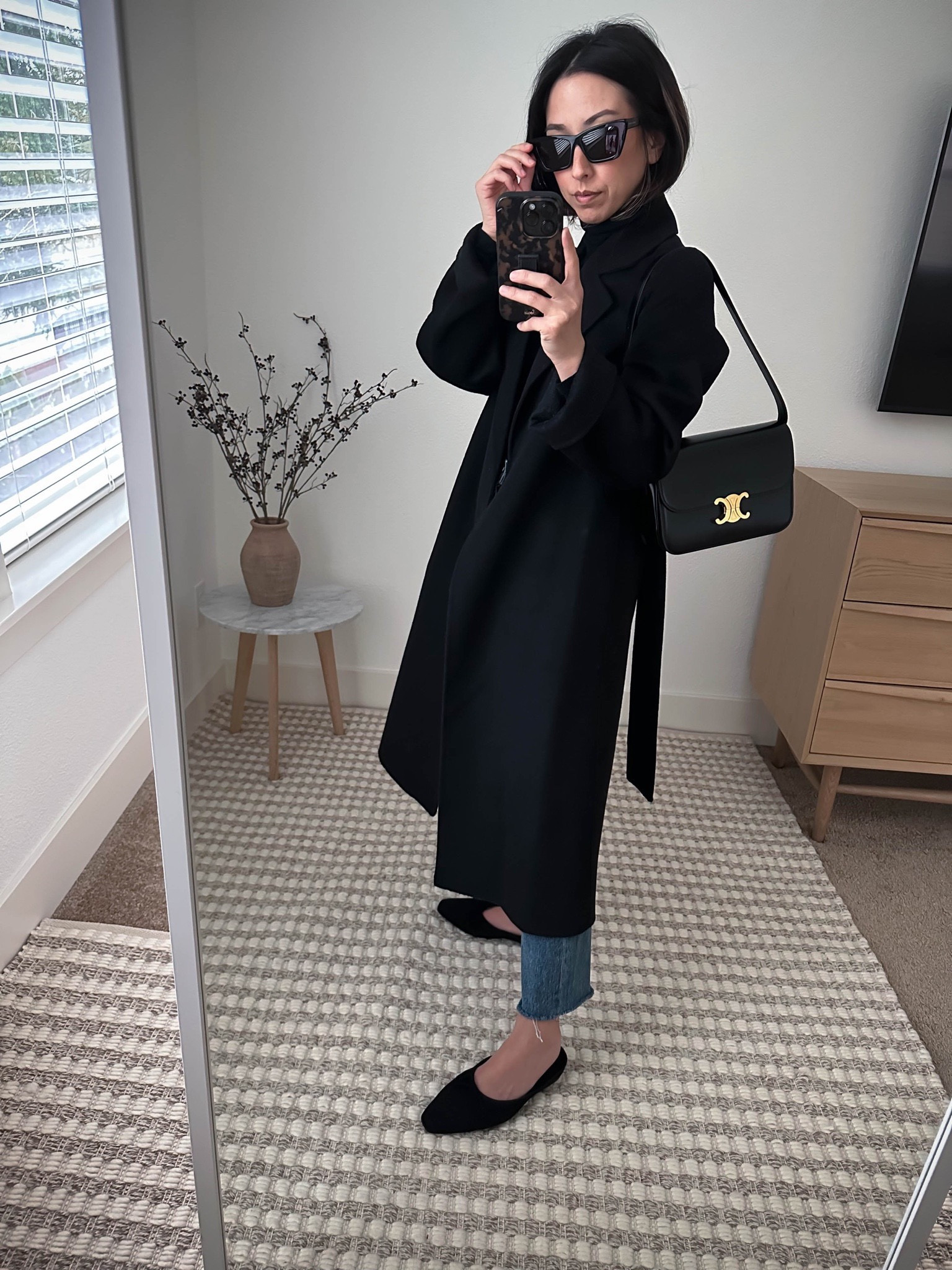 Mango black wool belted coat. Lightweight, not lined, drapes beautifully. Oversized fit. 

Coat - Mango xxs
Top - Majestic Filatures xs
Jeans - AGOLDE 24
Mules - Staud 35
Bag - Celine Triomphe medium
Sunglasses - YSL Mica 

Mango Haul, Mango try-on, petite style, capsule wardrobe, black coat outfits  

#LTKitbag #LTKshoecrush #LTKunder100