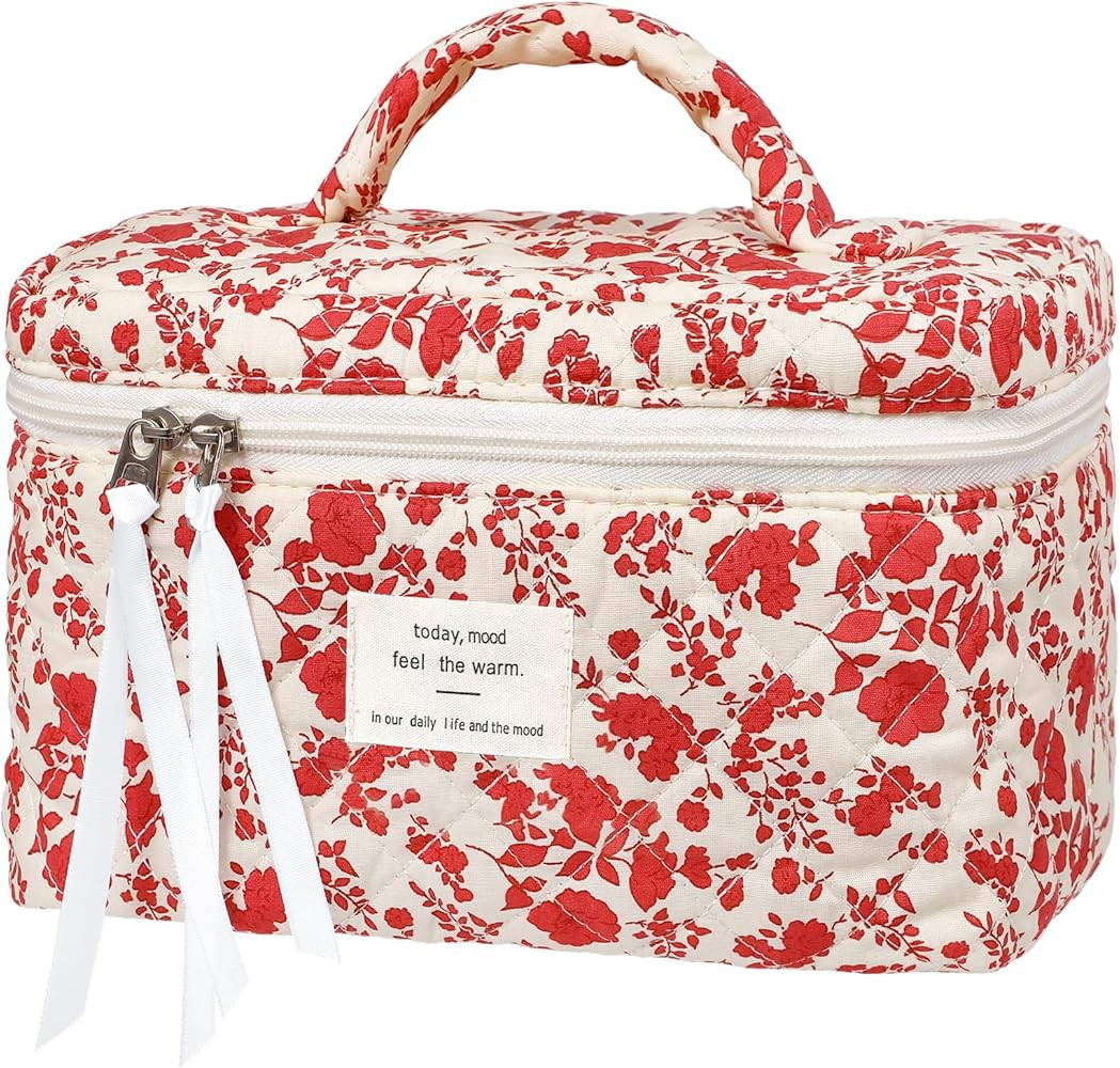 senbowe Large Quilted Makeup Bag, Cotton Floral Cosmetic Bag for Women, Cute Coquette Aesthetic M... | Amazon (US)