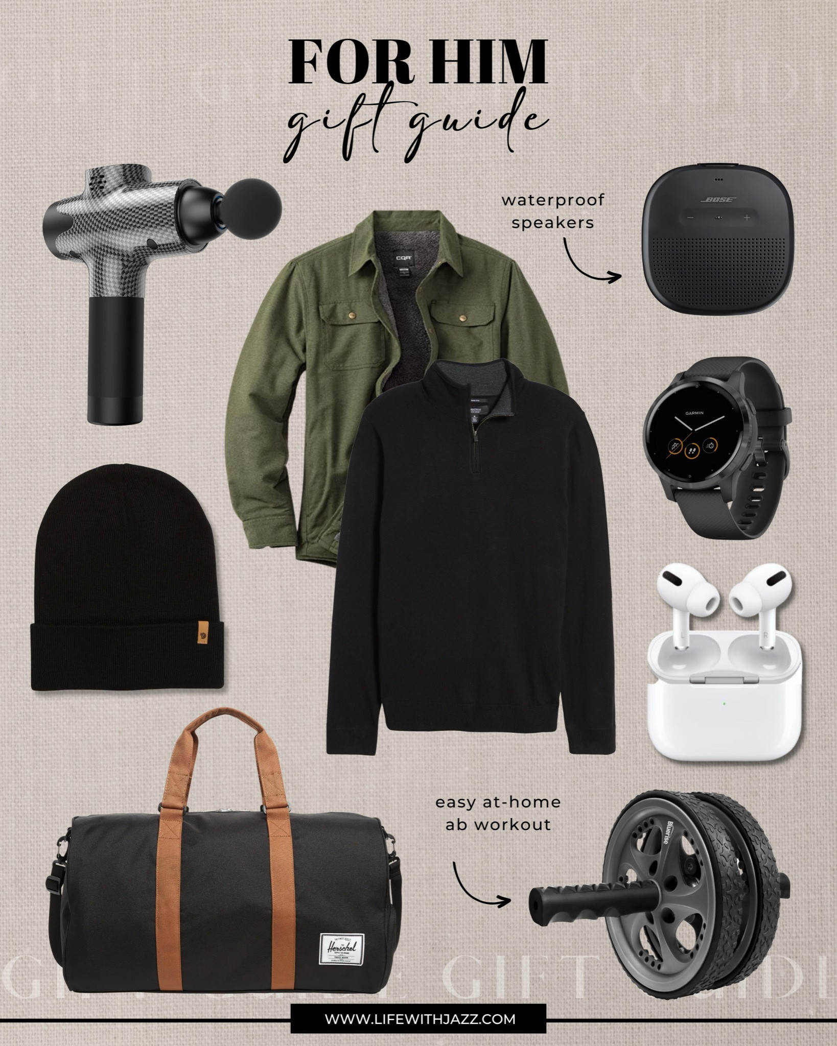For Him - Gift Guide 

Black beanie 
Deep tissue massage gun 
Waterproof speakers 
Smart watch 
AirPod pros 
Quarter zip sweater 
Ab roller 
Sherpa flannel shirt 
Nice quality duffel bag 

#LTKGiftGuide #LTKHoliday #LTKmens