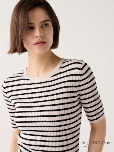 Merino Ribbed Crew Neck Half Sleeve Sweater | Striped | UNIQLO US | UNIQLO (US)