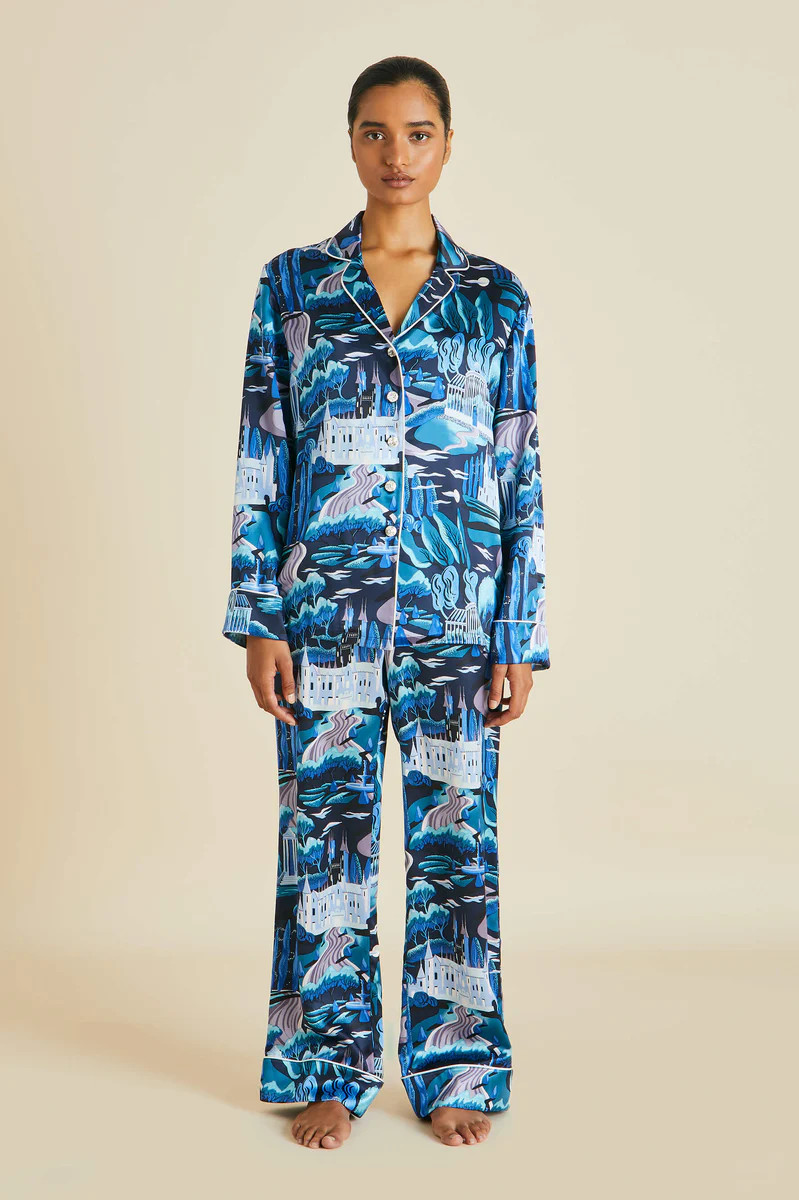 Lila Dream Blue Landscape Silk Satin Pyjamas | Olivia von Halle Ltd