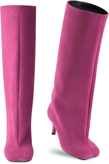 Oh Mispares Women's Nude Suede Knee High Boots - Square Toe Wide Calf Stiletto Low Heels - Fashio... | Amazon (US)