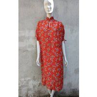 Vintage 70S Guy Laroche Silk Dress | Red Maxi Print Birds Small | Etsy (US)