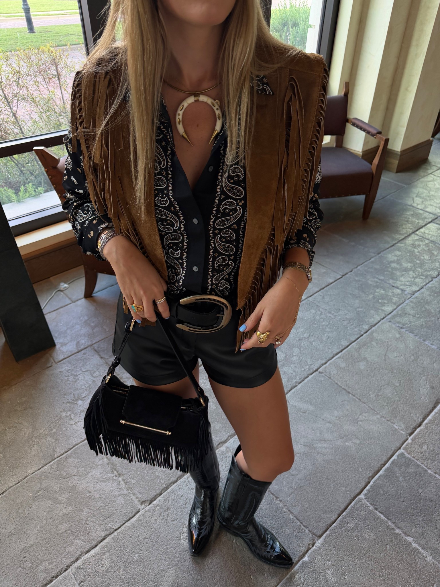 shorts in a small, shirt in a size 4, patent cowboy boots are true to size, purse is old but i linked similar, hat is an american 40x, neck cuff is from november maker 

#LTKFestival #LTKTall #LTKSeasonal