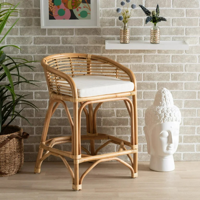 bali & pari Maverick Modern Boho White Fabric Upholstered and Brown Rattan Counter Stool | Walmart (US)