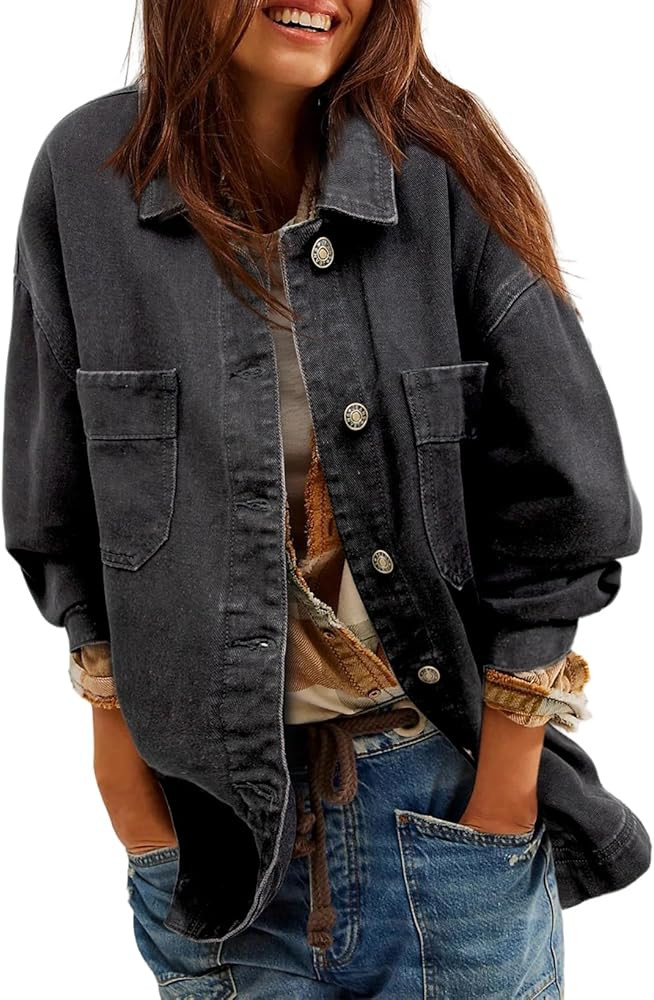 Sidefeel Women's Jean Jacket Oversized Boyfriend Button Up Long Sleeve Split Denim Jackets | Amazon (US)