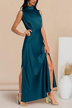 PRETTYGARDEN Women's Summer Long Formal Satin Dress Mock Neck Sleeveless Side Slit Flowy Maxi Tan... | Amazon (US)