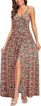 Newshows Women Summer 2025 Maxi Dress Vacation Floral Spaghetti Strap Spring Casual Boho Split Be... | Amazon (US)