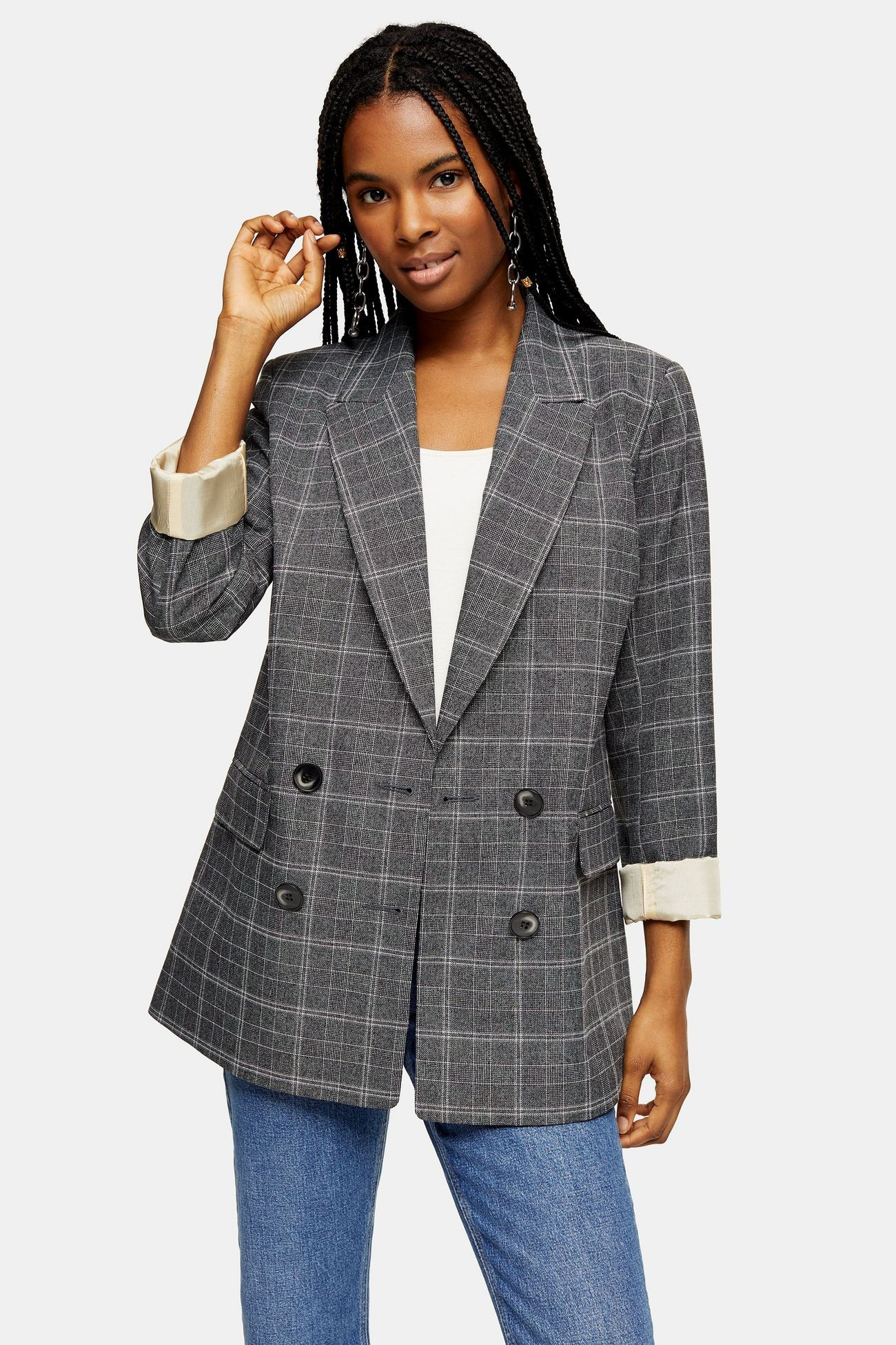 Gray Windowpane Check Double Breasted Blazer | Topshop US