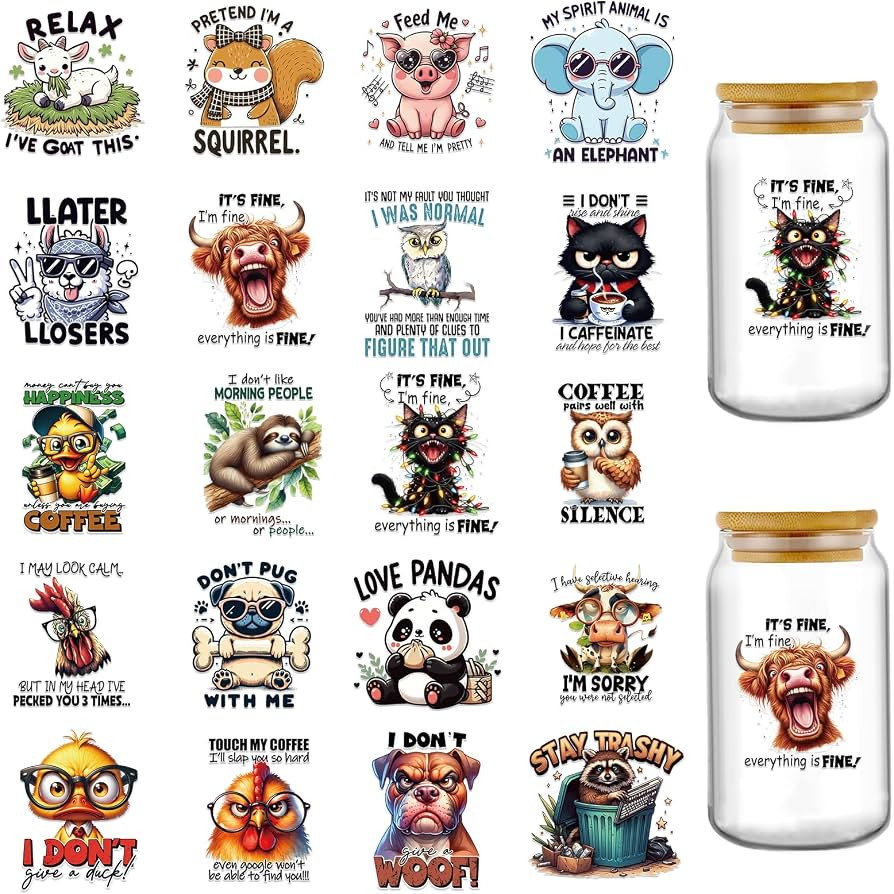 Funny UV DTF Cup Wraps - 20 Sheets Fun Animal Uvdtf Tumbler Wrap for 16 oz Glass Coffee Cups, Cut... | Amazon (US)
