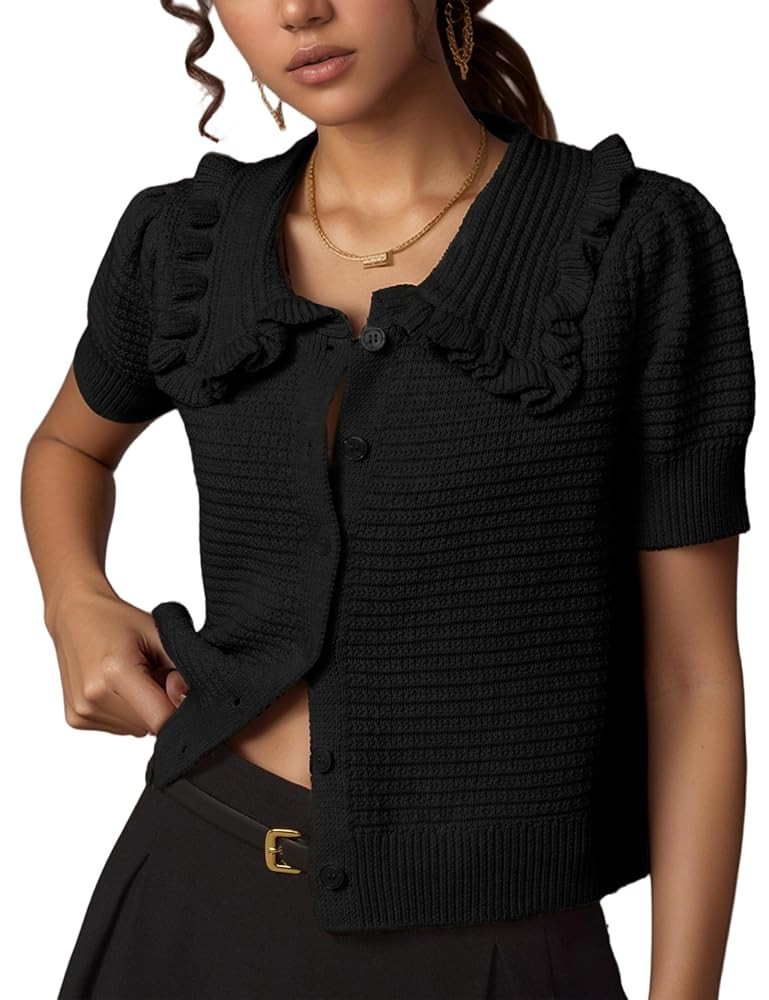 Watashi Womens Short Sleeve Cardigan Casual Button Down Ruffle Collared Lightweight Knittwear Sum... | Amazon (US)
