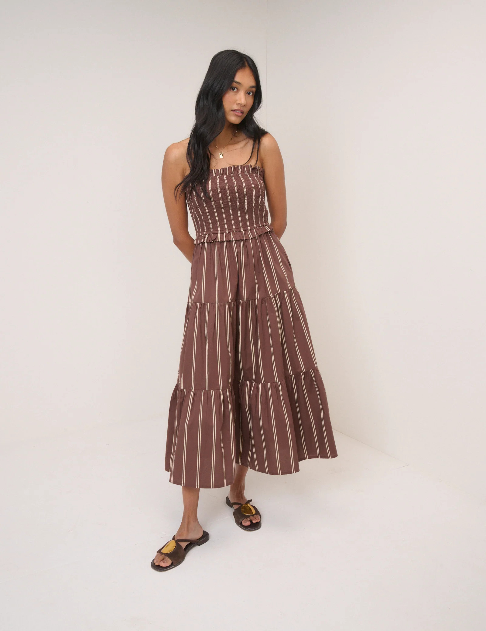 Brown Striped Eva Midi Bandeau Dress | Nobody's Child