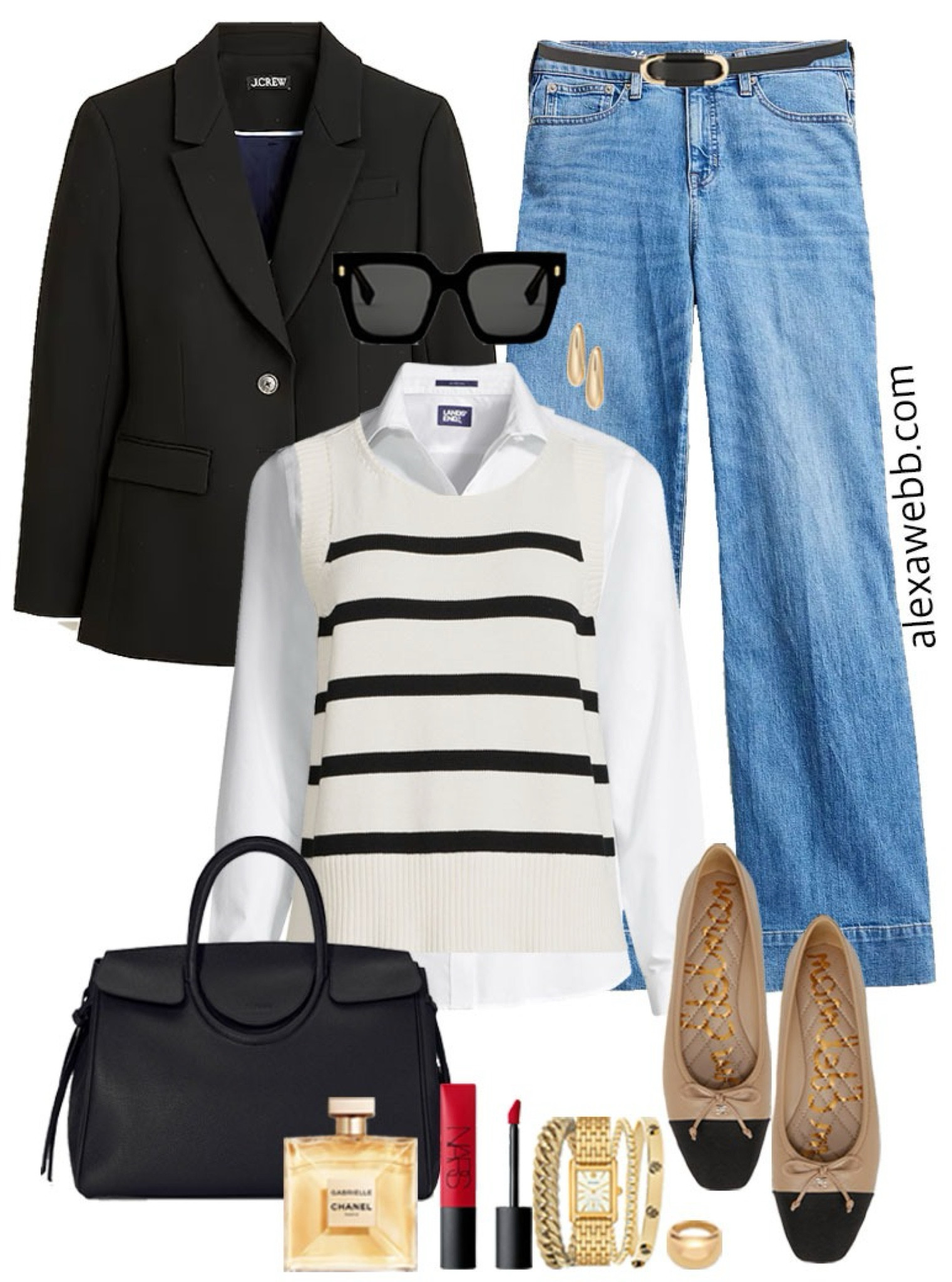 Plus Size Striped Sweater Vest Outfits - A plus size casual outfit for winter into spring with a striped sweater vest, black blazer, flare jeans, and ballet flats. Alexa Webb #plussize

#LTKPlusSize #LTKSeasonal #LTKStyleTip