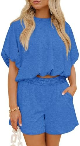 Women's 2 Piece Sets Summer Casual Bubble Sleeve Tops and Matching Shorts Going Out Lounge Outfit... | Amazon (US)