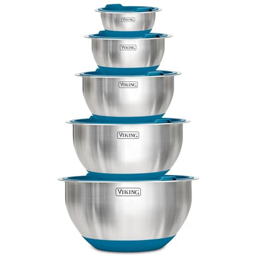 Viking Mixing Bowls Set, 10 Piece Stainless Steel Kitchen Cookware, Non-Slip Silicone Base, Includes Tight Fit Lids, Dishwasher Safe, Teal | Amazon (US)