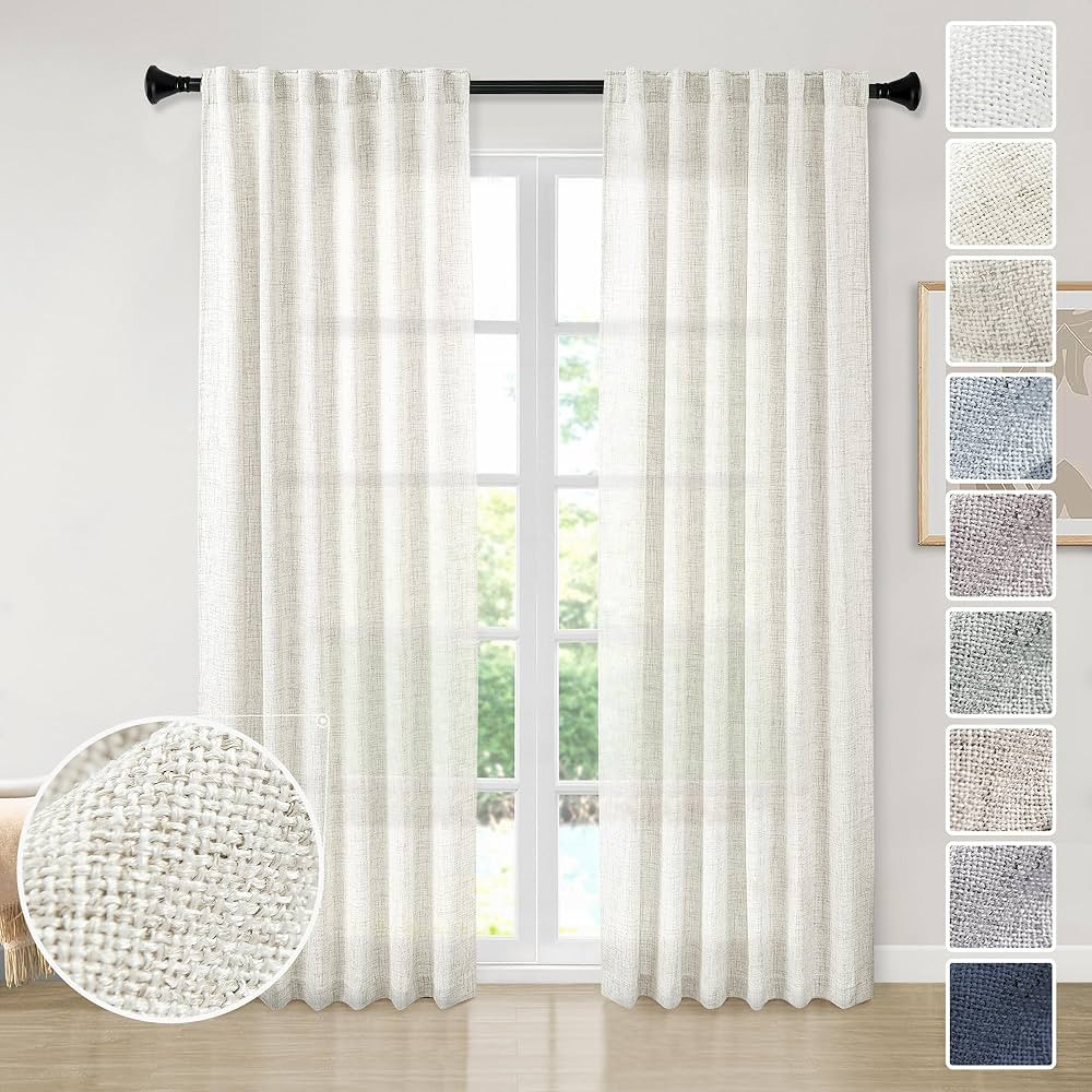 Semi Sheer Linen Curtains 95 Inches Long 2 Panel Set, Back Tab Rod Pocket Linen Farmhouse Light F... | Amazon (US)