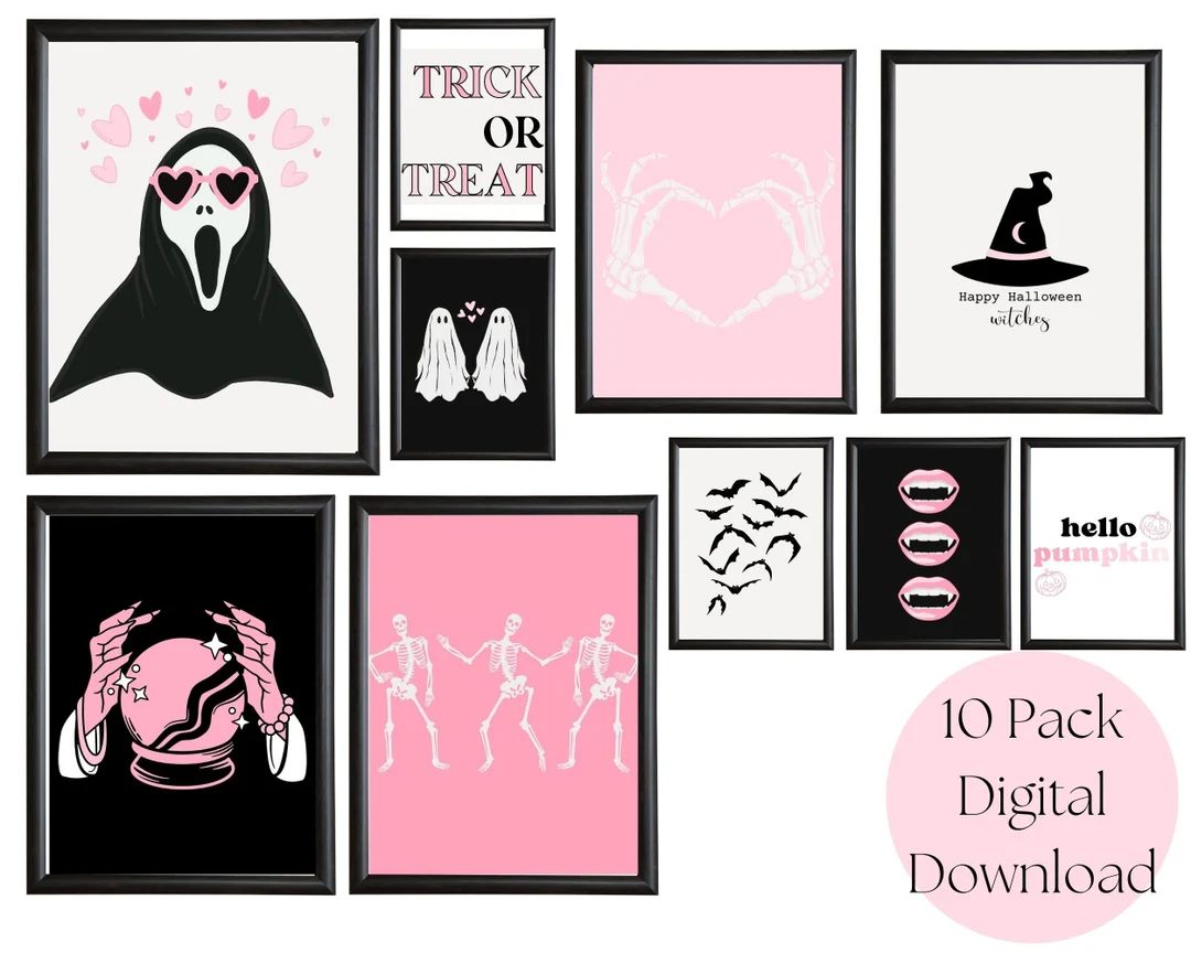 Pink Halloween Wall Art Set of 10 Printables, Girly Halloween Decor, Halloween Print Sets, Skelet... | Etsy (US)