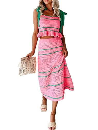 NUFIWI Women Crochet Knit 2 Piece Outfits Set Summer Striped Tie Shoulder Crop Top Bodycon Maxi Skirt Cover Up Set(Pink,Medium) | Amazon (US)