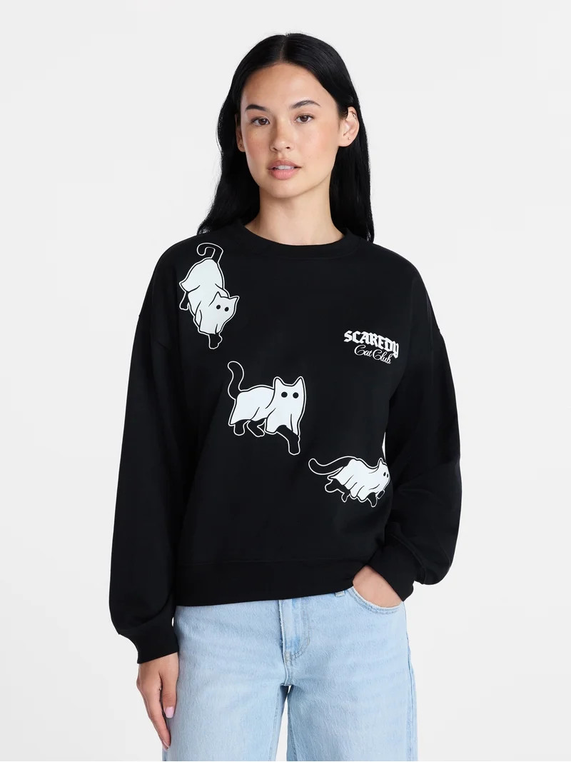 Scaredy Cat Club Women's Halloween Graphic Crew Pullover, Sizes XXS-XXL | Walmart (US)