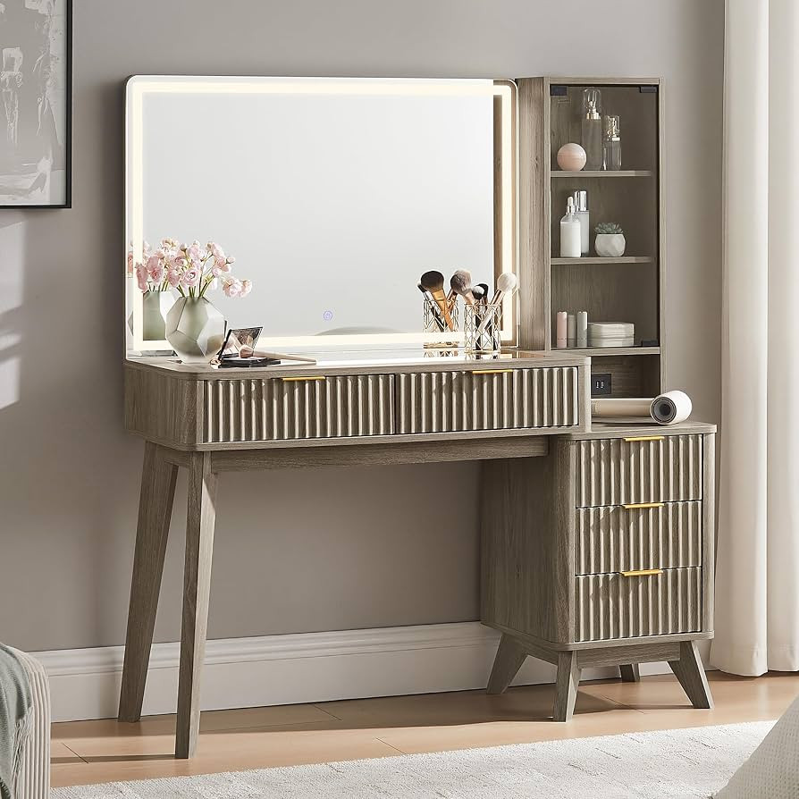 T4TREAM 48" Fluted Makeup Vanity Desk with 36" Lighted Mirror, Brown Alder | Amazon (US)