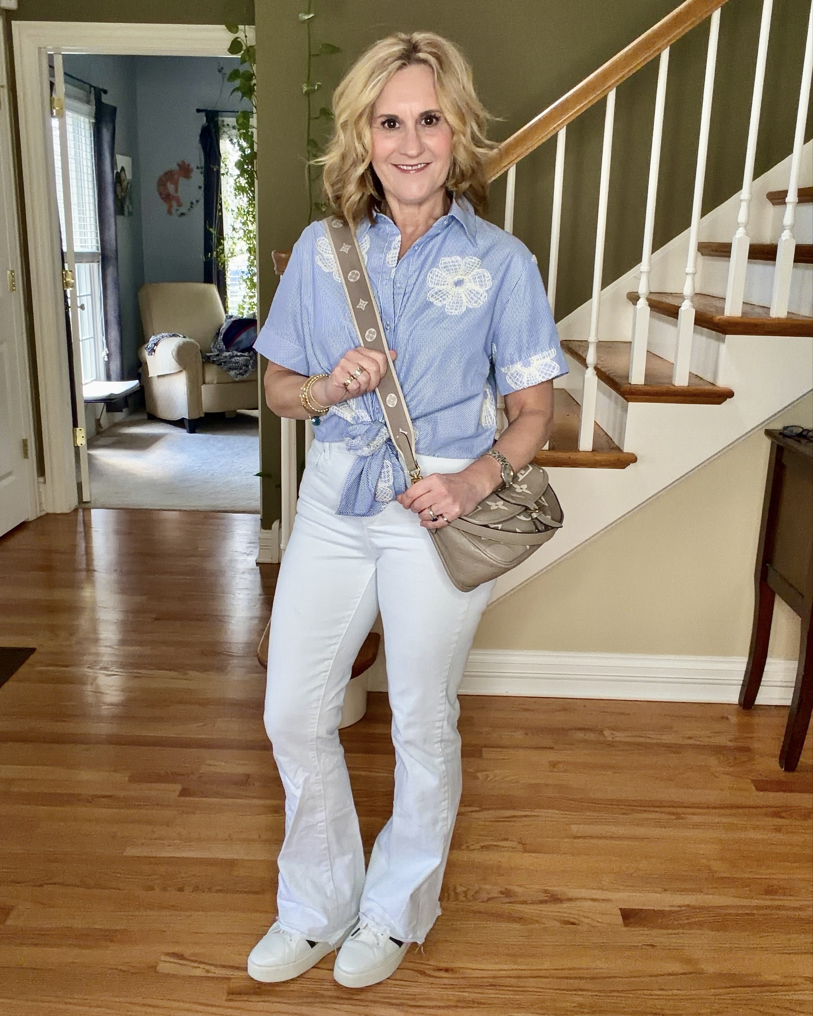 Found the perfect tie front button down to go with all my spring basics! 🤍💙 

#LTKOver40 #LTKPetite
