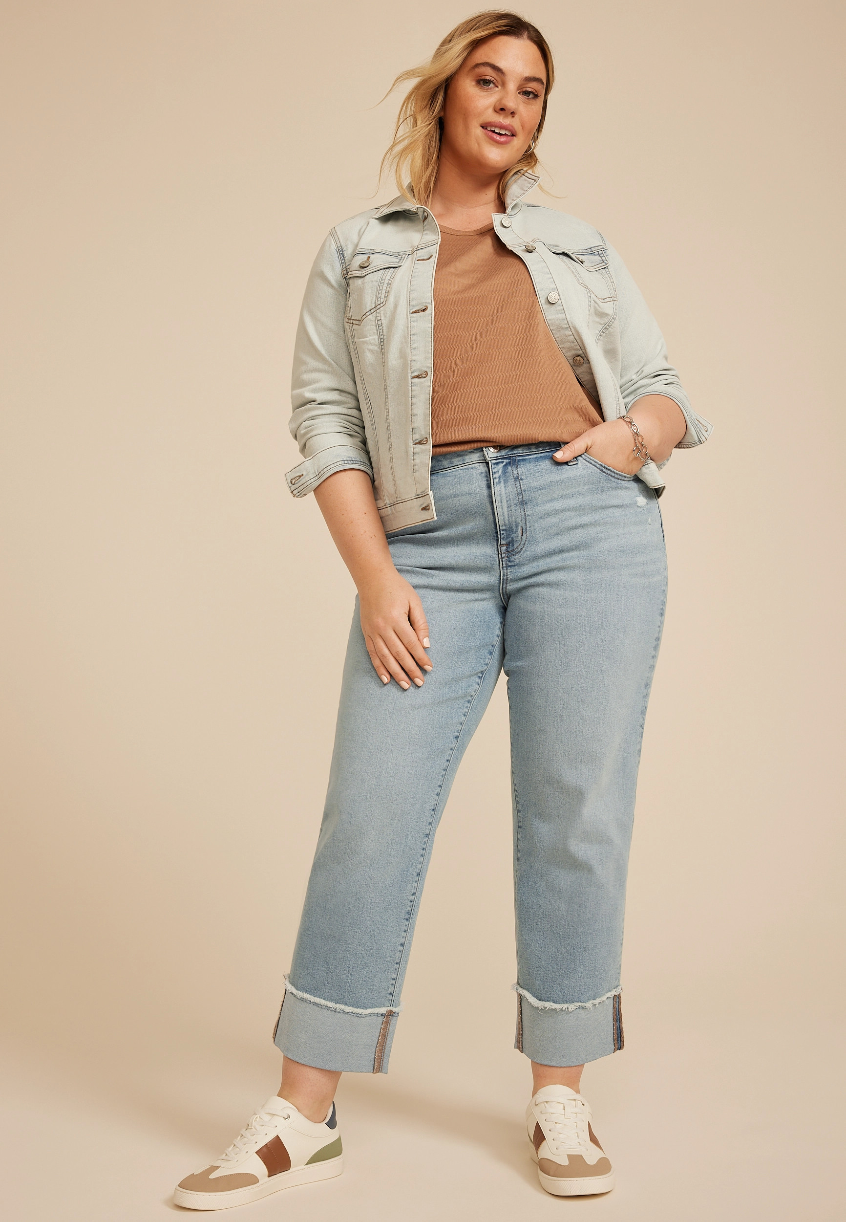 Maurices Plus Size Jeans Women's Jeans High Rise Relaxed Straight Frayed Hem Ankle Jean Blue Denim | Maurices
