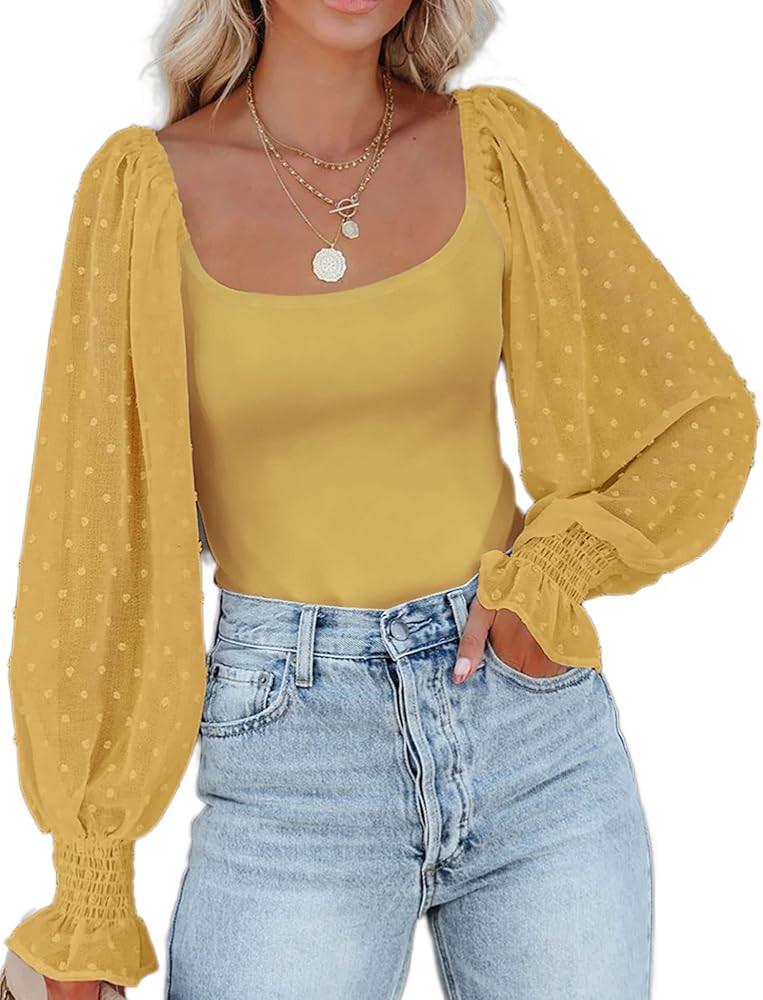 Zeagoo Women's Square Neck Puff Long Sleeve Bodysuit Off Shoulder Leotard Sheer Polka Dot Sleeve ... | Amazon (US)