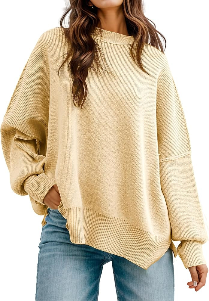 Ainangua Women's Oversized Long Batwing Sleeve Sweater Crewneck Side Slit Ribbed Knitted Pullover... | Amazon (US)
