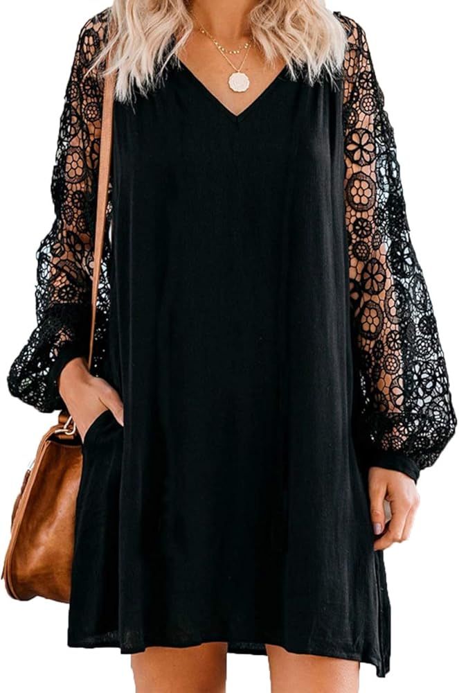 PRETTYGARDEN Women's Fashion Lace Long Sleeve V Neck Chiffon Blouse Tops Casual Tunic Shirt Dress... | Amazon (US)