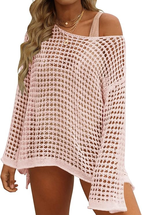 ZESICA Women's 2023 Summer Crochet Hollow Out Long Sleeve Beach Bikini Swimsuit Mesh Cover Up Tun... | Amazon (US)