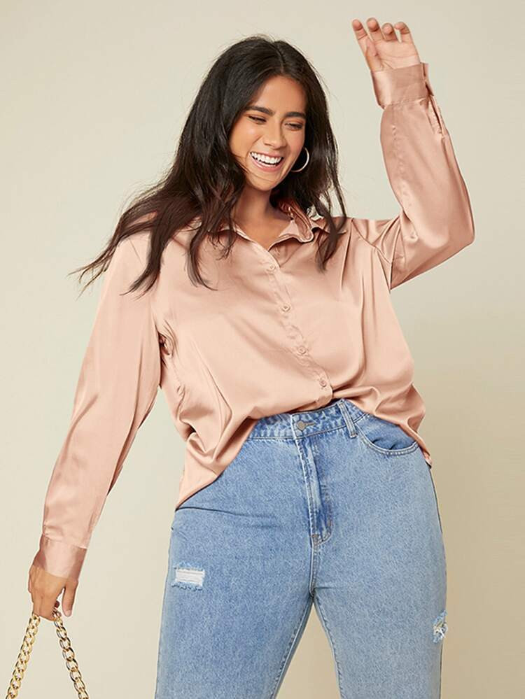 SHEIN BASICS Plus Solid Button Up Satin Blouse | SHEIN