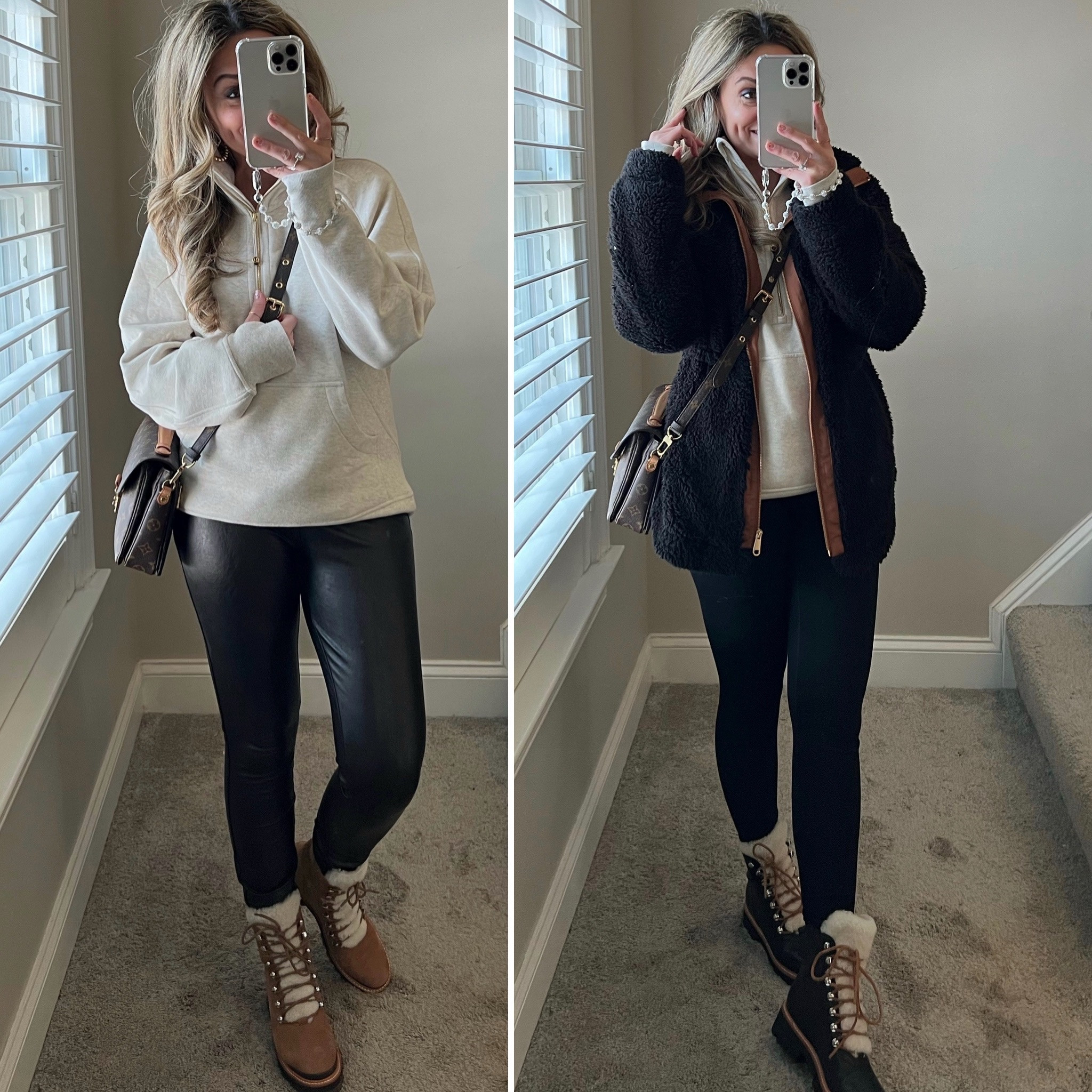 Longer length lululemon half zip scuba styled two ways. The faux leather pants have been one of my most loved pants (wearing size small) and the leggings on the right are my most worn leggings (wearing size medium). The Sherpa jacket is sold out in black but it’s still available in a pretty cream and green color. #LTKMostLoved 

#LTKstyletip #LTKover40