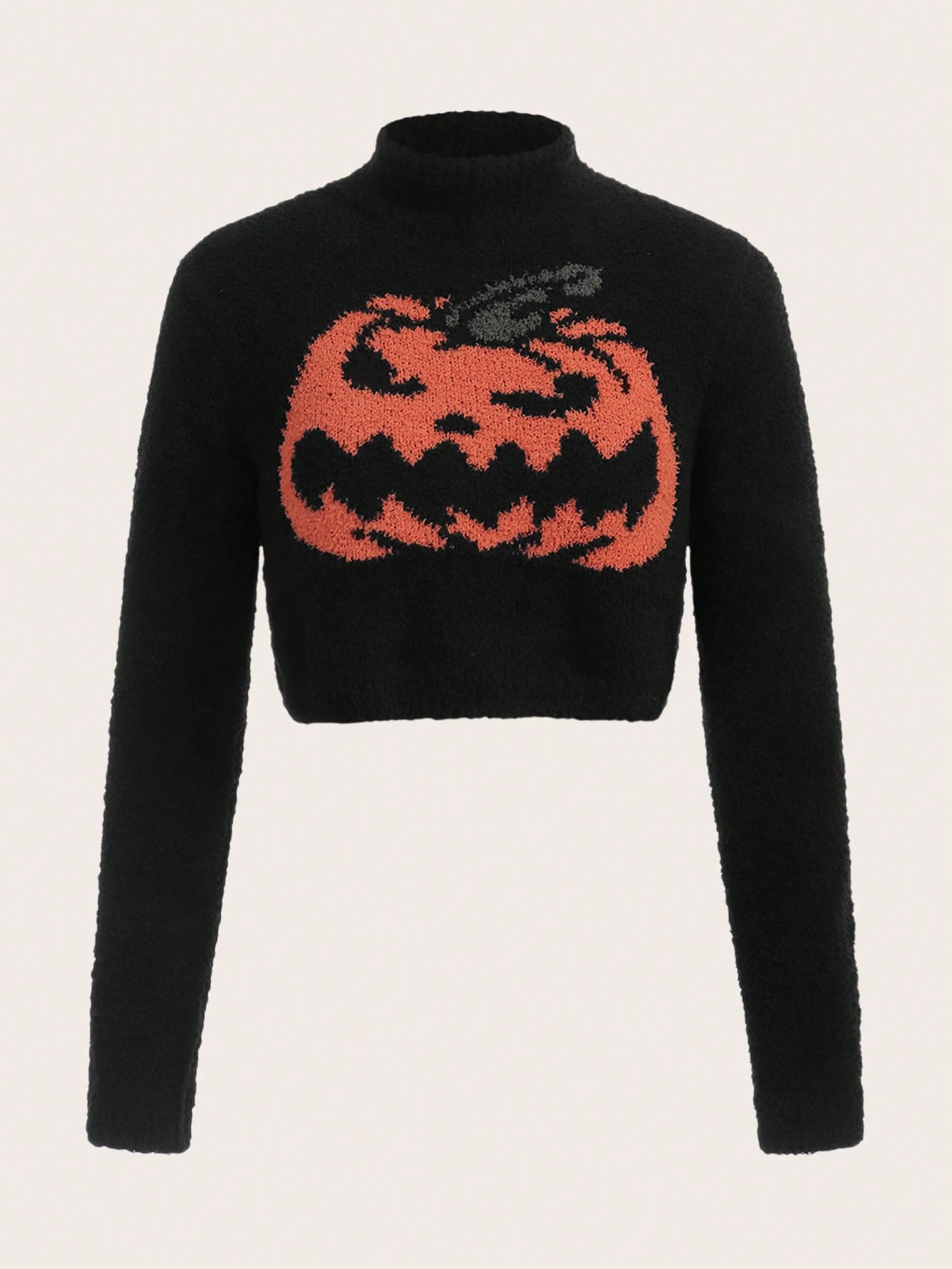 ROMWE Halloween Pumpkin Pattern Mock Neck Crop Sweater | SHEIN
