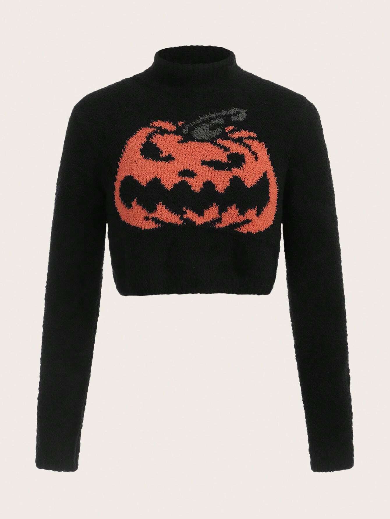 ROMWE Halloween Pumpkin Pattern Mock Neck Crop Sweater | SHEIN