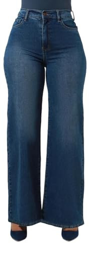 KnoInt Blue Wide Leg Jeans for Women Straight Stretch Loose High Waisted Stretchy Comforts Trendy Mom Baggy Denim Pants with Patch Pockets, Small | Amazon (US)