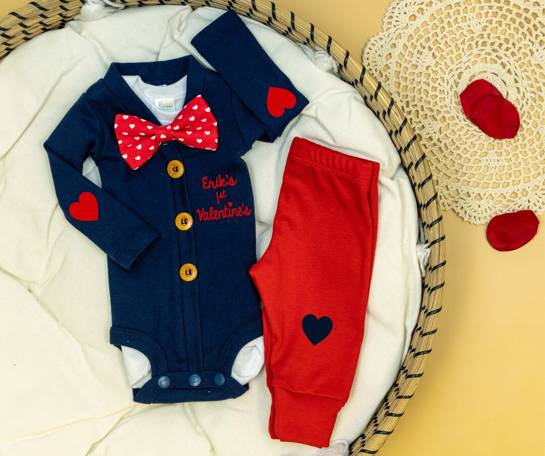 Baby Boy Valentines Day Outfit. Bow Tie Picture Outfit. Navy Cardigan With Pants. Personalized. B... | Etsy (US)