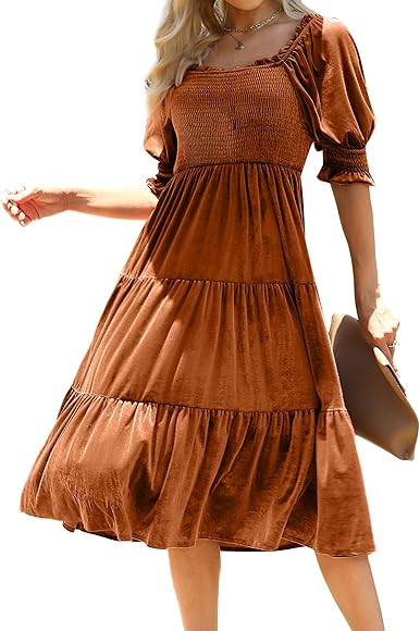 Chriselda Women's 2023 Velvet Midi Dress Casual Puff Short Sleeve Square Neck Smocked Elastic Wai... | Amazon (US)
