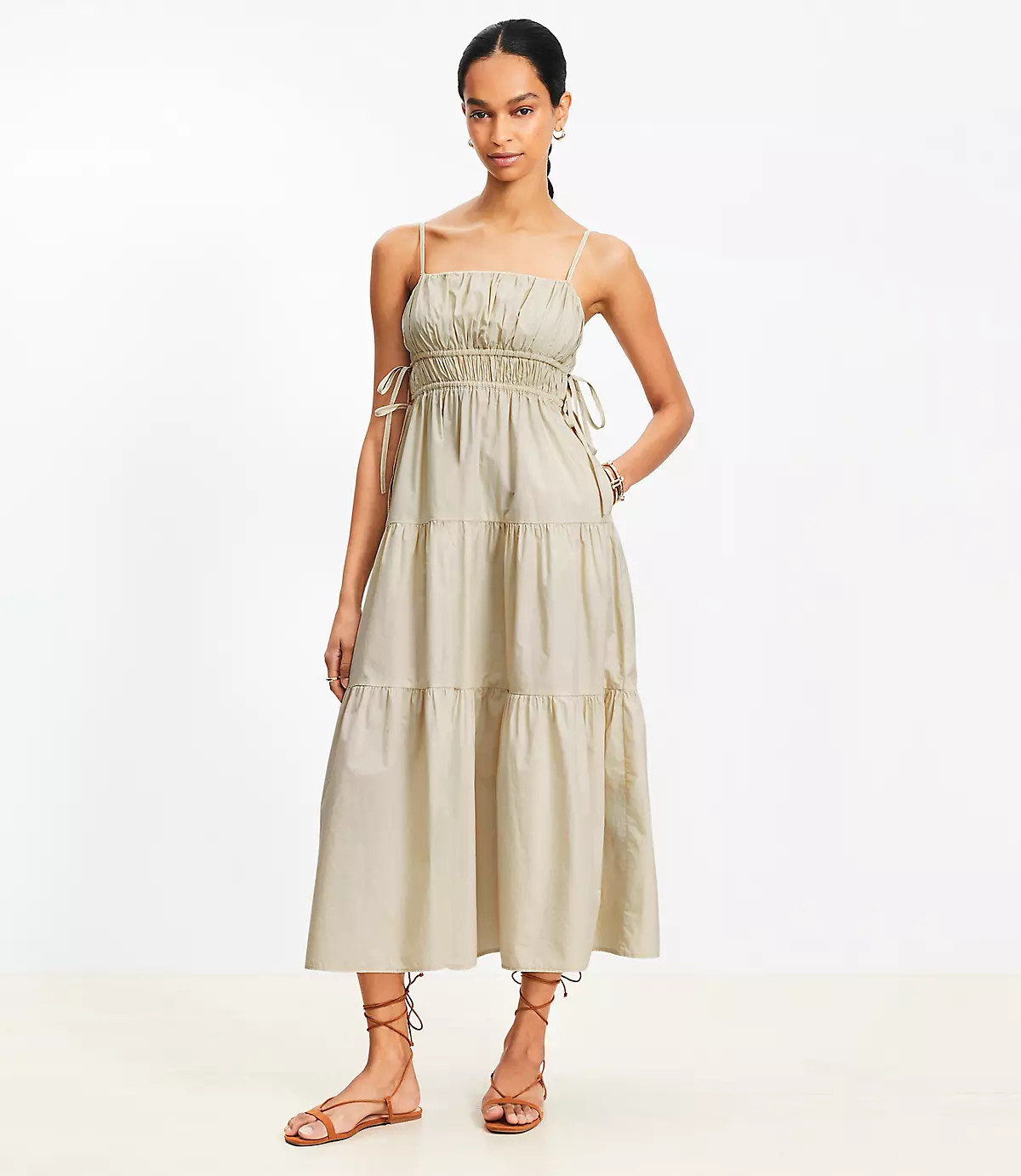 Pleated Side Tie Strappy Midi Pocket Dress | LOFT