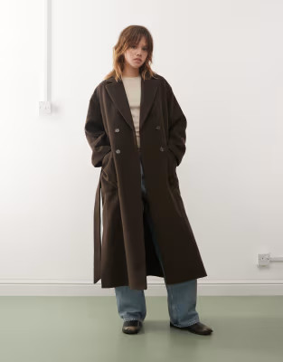 Monki belted double breasted coat with wool in brown melange | ASOS | ASOS (Global)