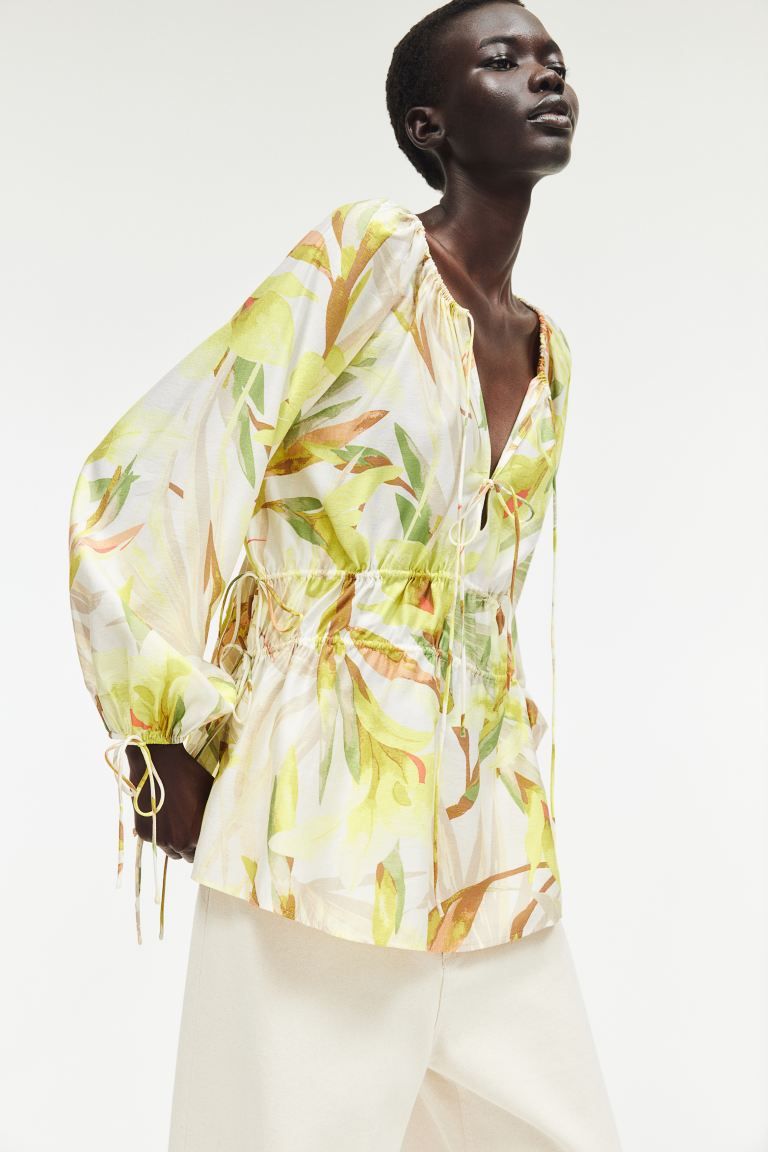 Drawstring-detail Blouse - V-neck - Long sleeve - White/yellow floral - Ladies | H&M US | H&M (US + CA)