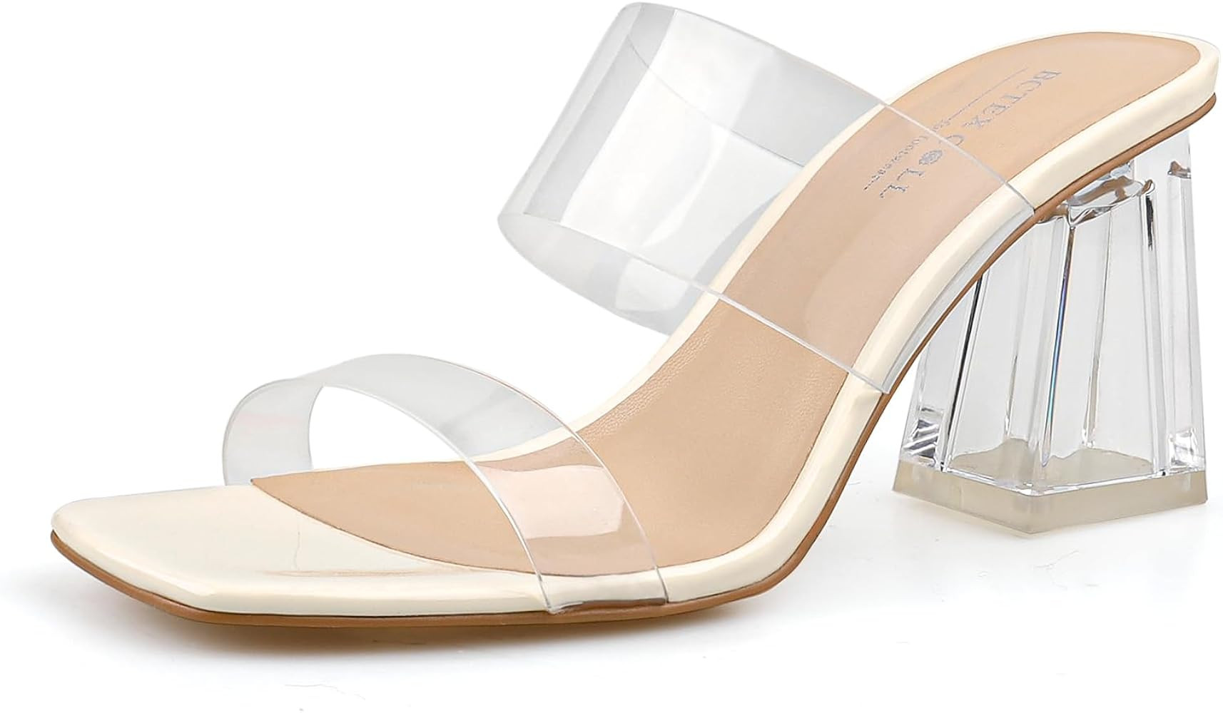 BCTEX COLL Women's Clear Heeled Sandals Two Strap Square Toe Slip On Chunky Block Heels Dress Sho... | Amazon (US)