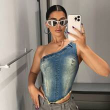 One Shoulder Asymmetrical Hem Denim Top | SHEIN