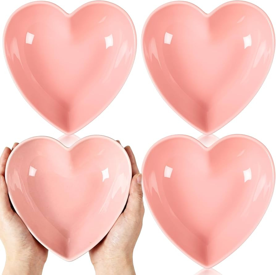 4 Pcs 8 Inch Valentine's Day Heart Shaped Cereal Bowls Set, Pink Red Ceramic Deep Heart Plates, V... | Amazon (US)