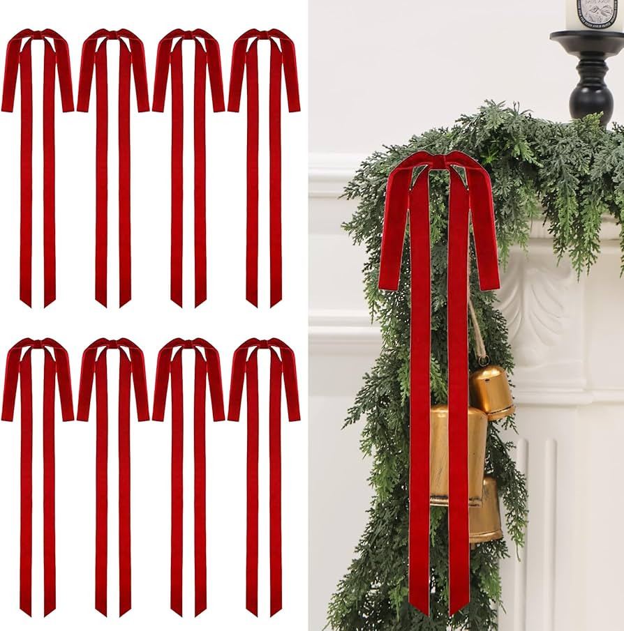 Senjie 8Pcs Large Velvet Bows for Christmas Tree, Vintage Rustic Ribbon Swag Bows Ornaments for S... | Amazon (US)