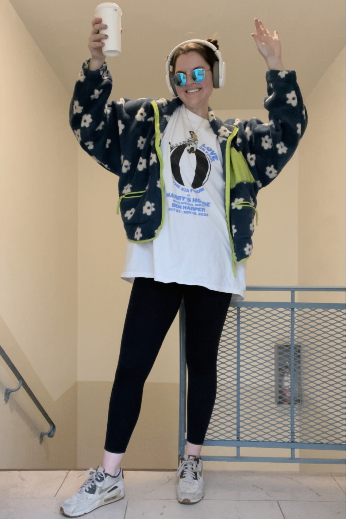 Floral fleece jacket from urban outfitters, harry styles love on tour concert graphic tee, girlfriend collective Black Compressive High-Rise Legging, fitness, activewear, casual / comfy clothes / outfit, fitness headphones, on sale now, Sennheiser HD 350BT Bluetooth 5.0 Wireless Headphone - 30-Hour Battery Life, USB-C Fast Charging, Virtual Assistant Button, Foldable - White, gold jewelry from Amazon, gold hoop earrings, Nike air max sneakers, rayban round flash lenses blue mirror

#LTKunder100 #LTKstyletip #LTKunder50